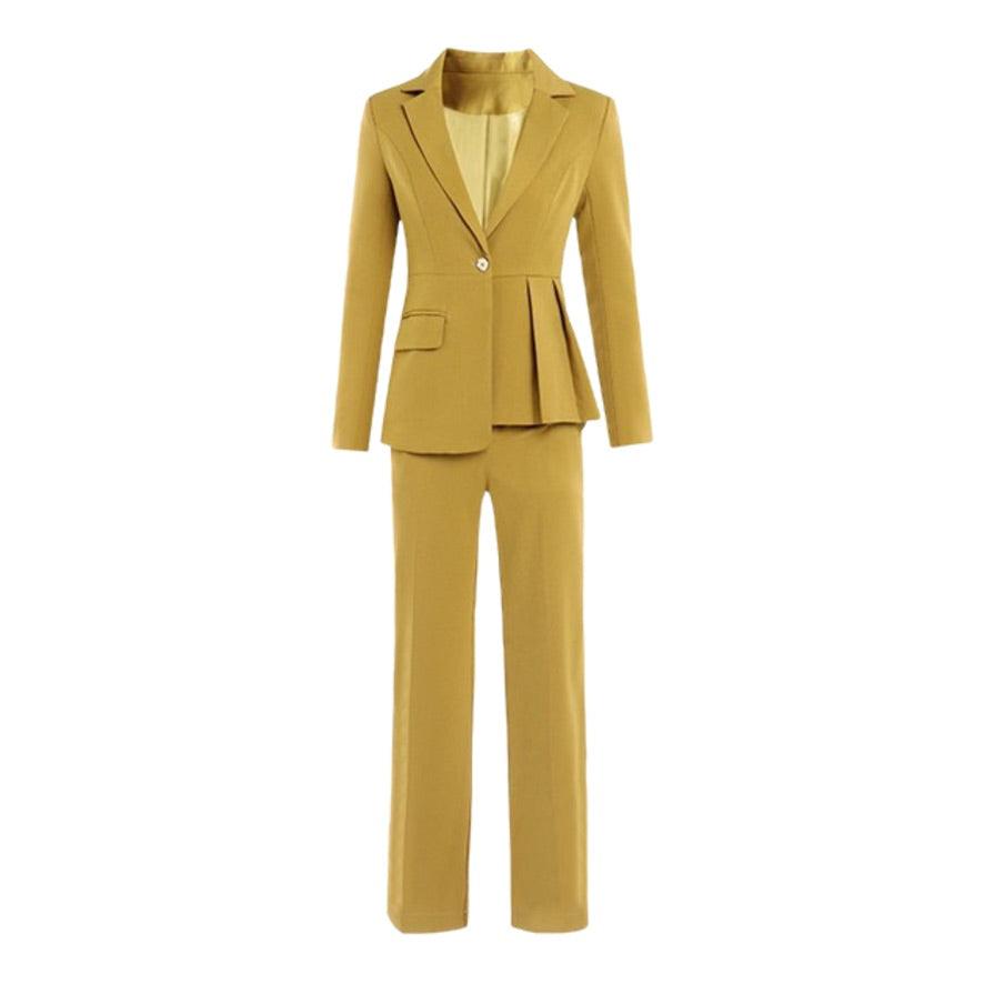 Yellow Open Stitch With Belt  Irregular Jacket + Straight Pants Suit Set - TeresaCollections
