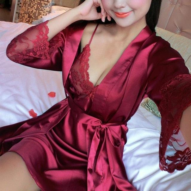 Two Pcs Lingerie Silk Pajamas Sexy Lace Robe Sets - TeresaCollections