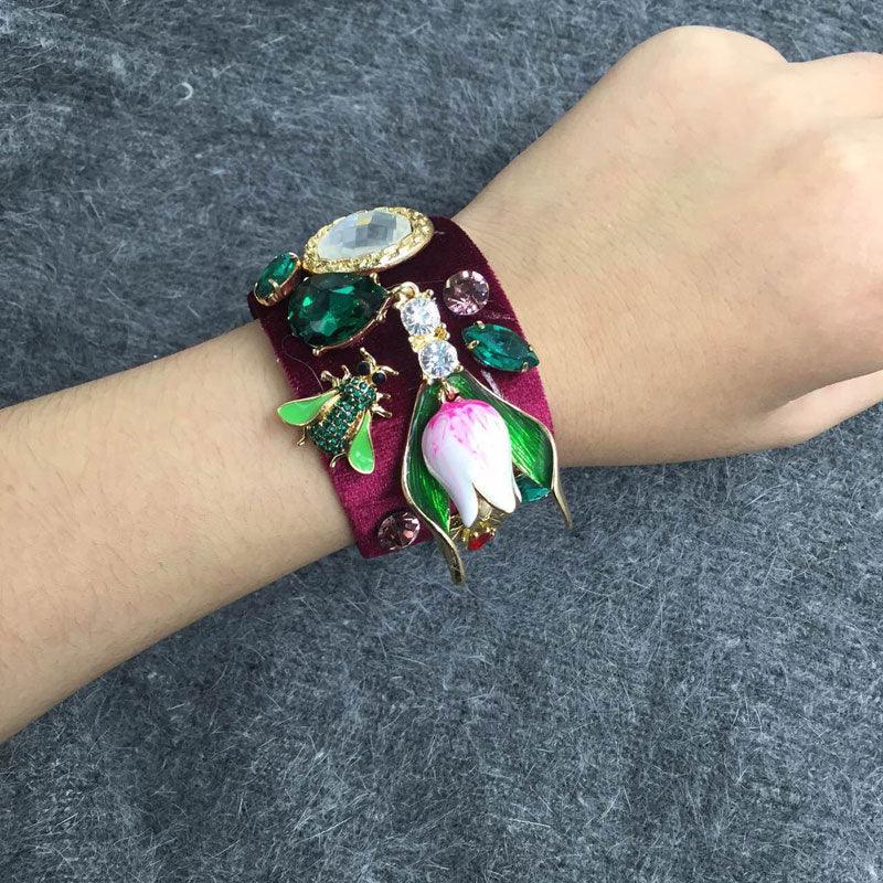 Wine Red Velvet Retro Bee Bangles Crystal Gem Flower Bracelets - TeresaCollections