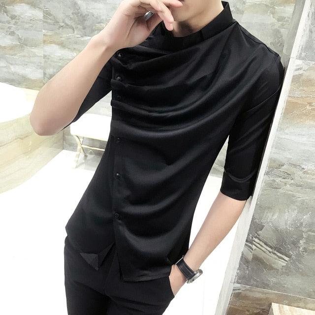 Gothic Unique Ruffle Collar Short Sleeve Men's Shirt - TeresaCollections