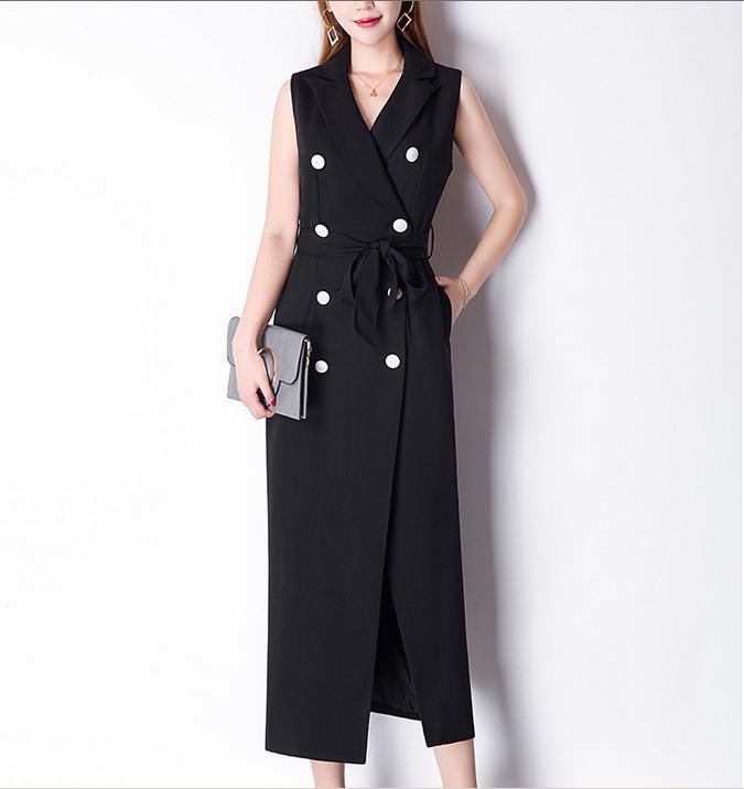 Double-Breasted Vest Sleeveless Slim Belted Dress - TeresaCollections
