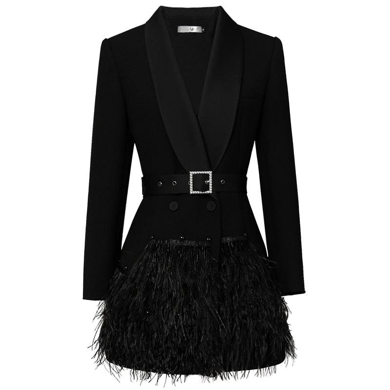 Black Shawl Collar Feather Blazer with Belt Dress - TeresaCollections