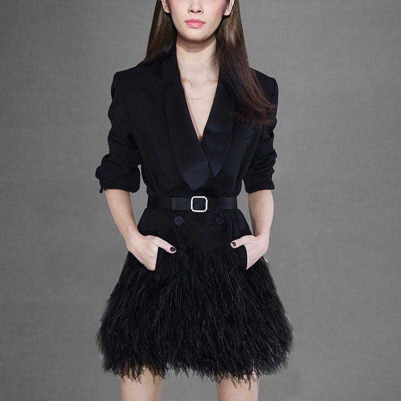 Black Shawl Collar Feather Blazer with Belt Dress - TeresaCollections