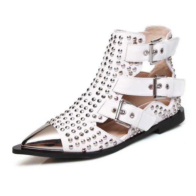 Metal Studded Rivets Pointy Toe Buckle Straps Ankle Boots - TeresaCollections