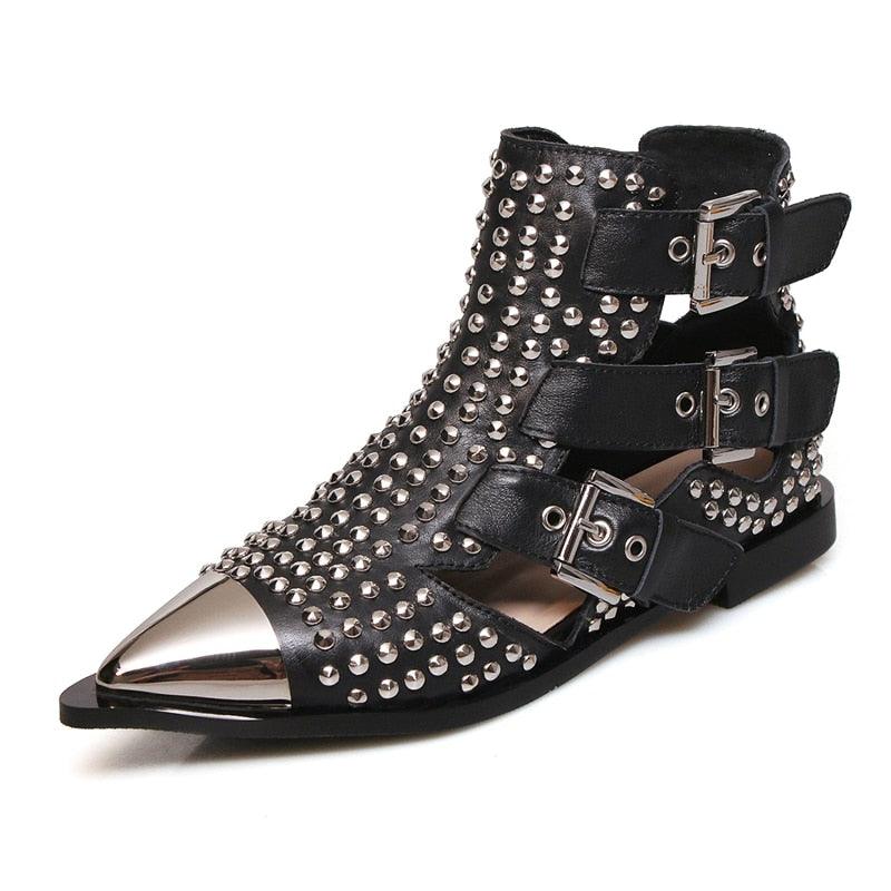 Metal Studded Rivets Pointy Toe Buckle Straps Ankle Boots - TeresaCollections