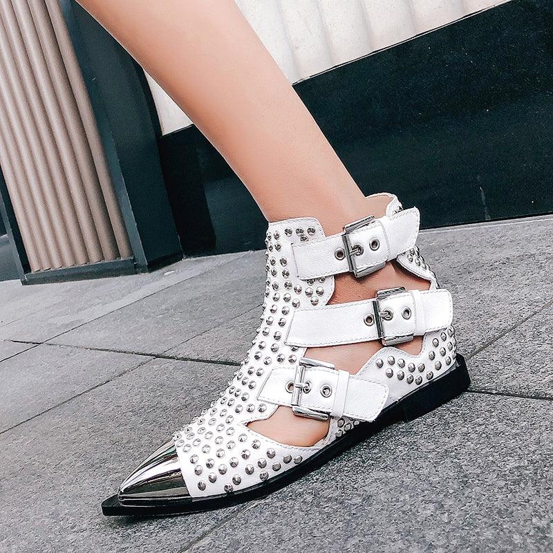 Metal Studded Rivets Pointy Toe Buckle Straps Ankle Boots - TeresaCollections