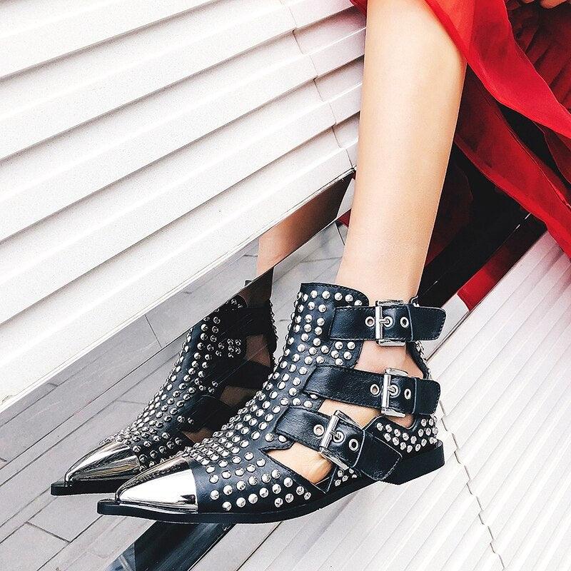 Metal Studded Rivets Pointy Toe Buckle Straps Ankle Boots - TeresaCollections