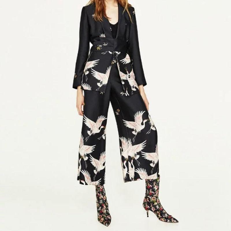 Black and White Vintage Printed Blazer Wide Leg Retro Suits - TeresaCollections