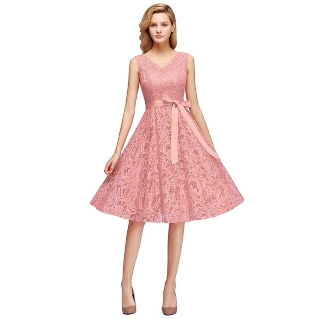 Pink Lace Short Bridesmaid Dress - TeresaCollections