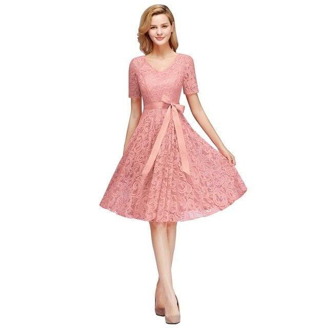 Pink Lace Short Bridesmaid Dress - TeresaCollections