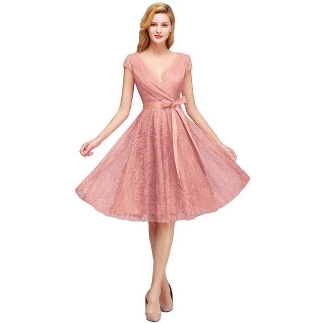 Pink Lace Short Bridesmaid Dress - TeresaCollections