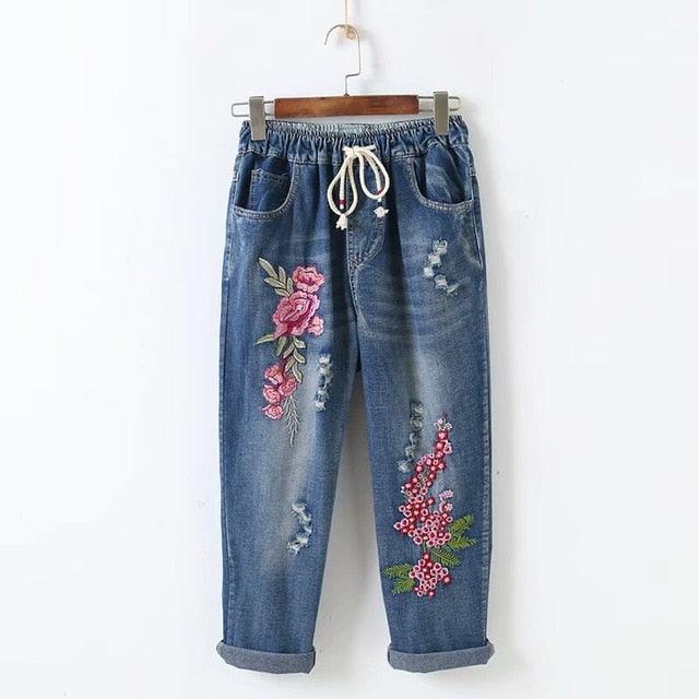 Flowers Loose Nine Points Jeans - TeresaCollections