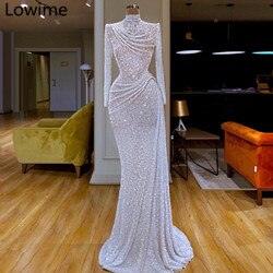 White Glitter Formal Evening Long Sleeve Arabic Evening Dress - TeresaCollections