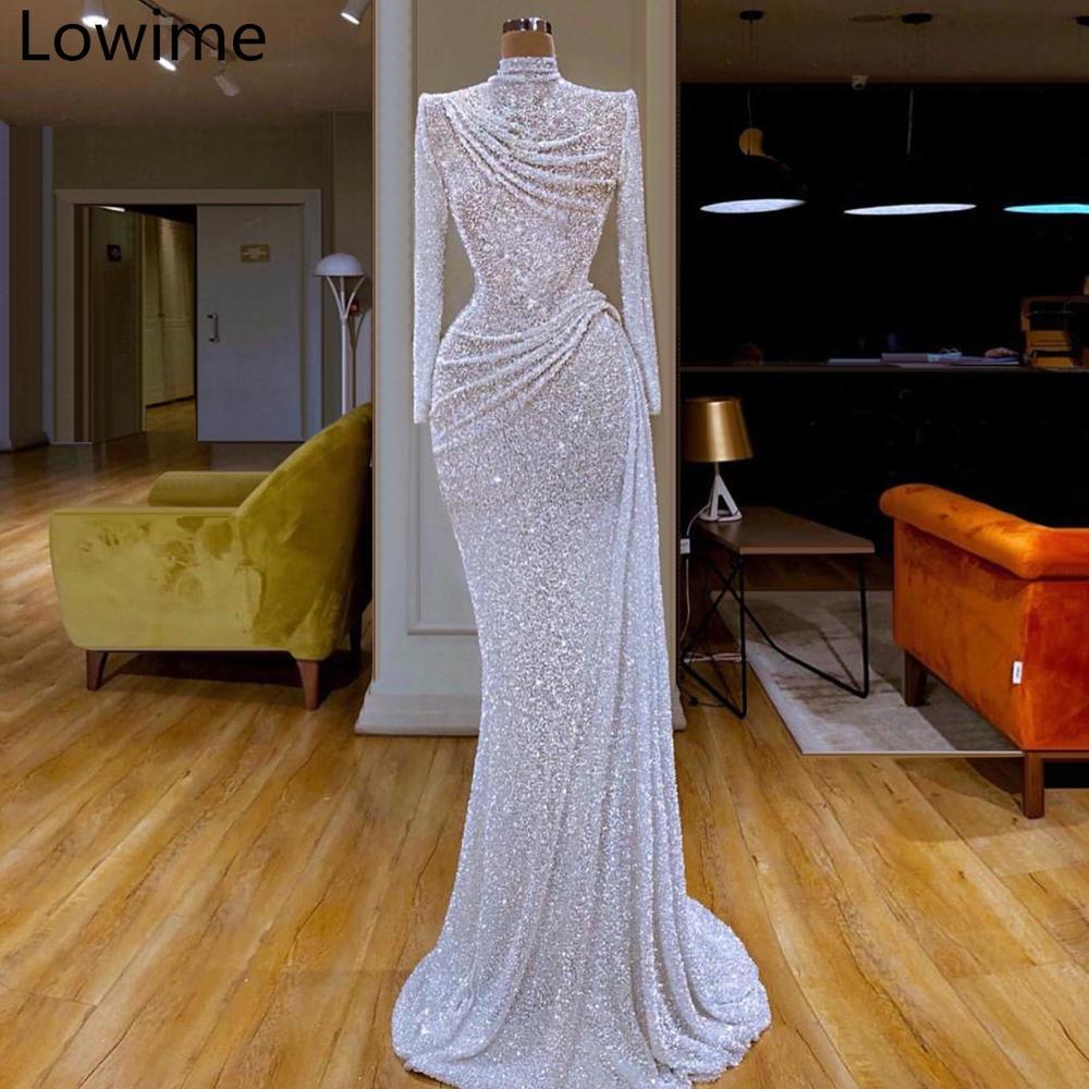 White Glitter Formal Evening Long Sleeve Arabic Evening Dress - TeresaCollections