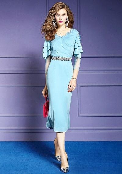 Spring Luxury V Neck Plus Size Ruffles Sleeve Mermaid Dress - TeresaCollections