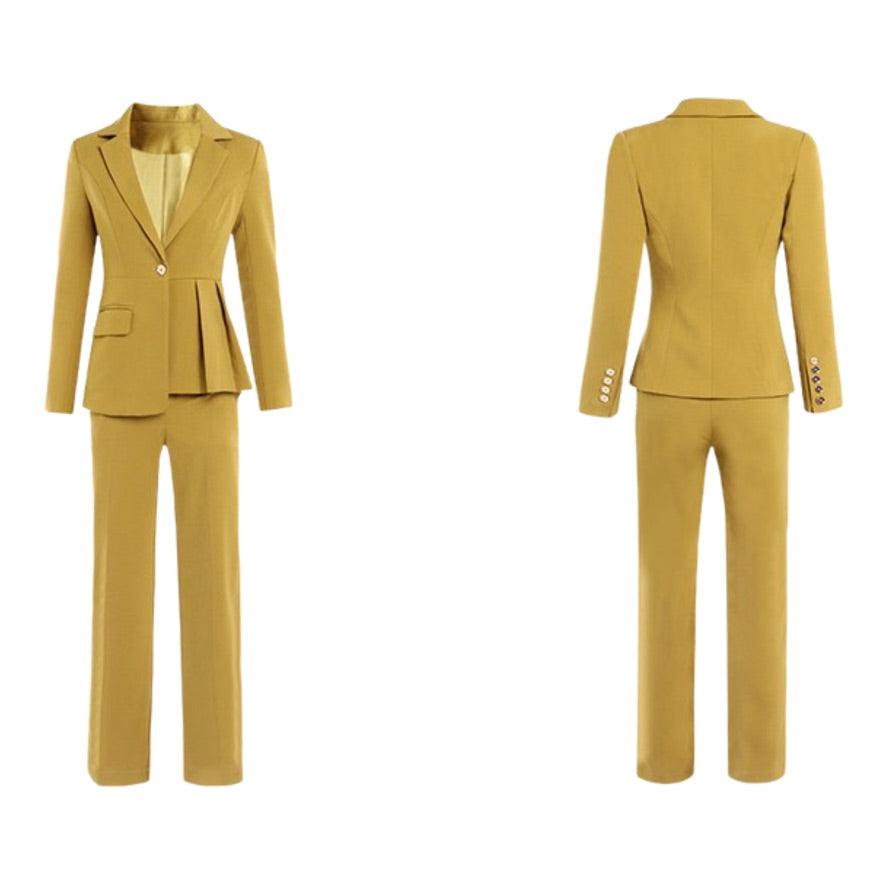 Yellow Open Stitch With Belt  Irregular Jacket + Straight Pants Suit Set - TeresaCollections