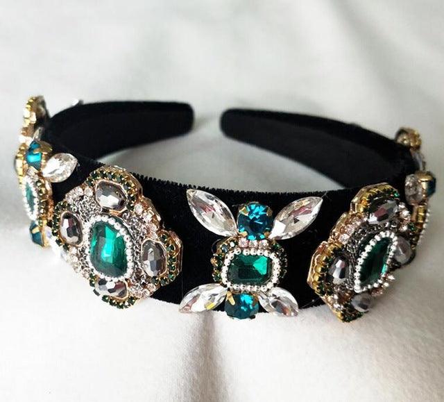 Wide Headband Full Rhinestone Handmade Red Crystal Velvet Wedding Hair Jewelry - TeresaCollections