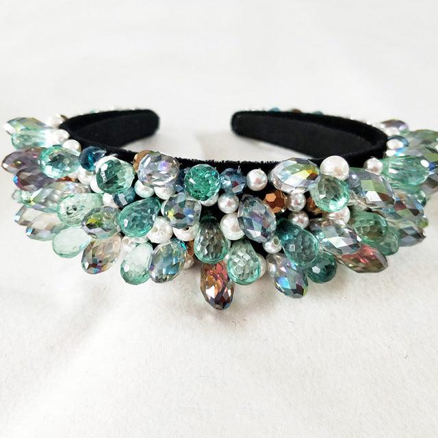 Wide Headband Full Rhinestone Handmade Red Crystal Velvet Wedding Hair Jewelry - TeresaCollections