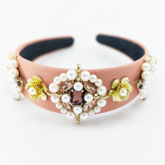 Wide Headband Full Rhinestone Handmade Red Crystal Velvet Wedding Hair Jewelry - TeresaCollections