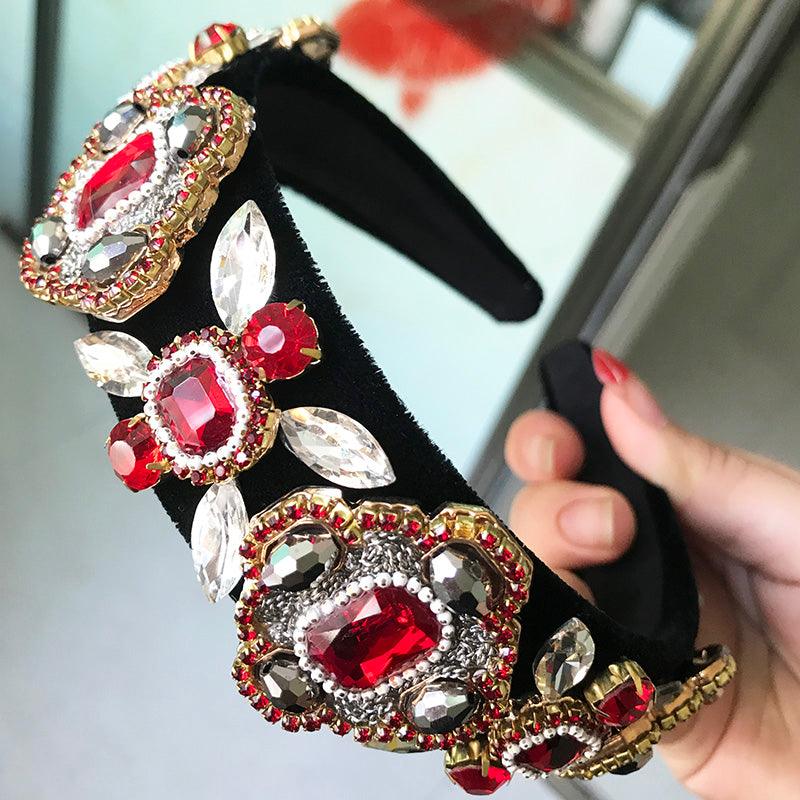Wide Headband Full Rhinestone Handmade Red Crystal Velvet Wedding Hair Jewelry - TeresaCollections
