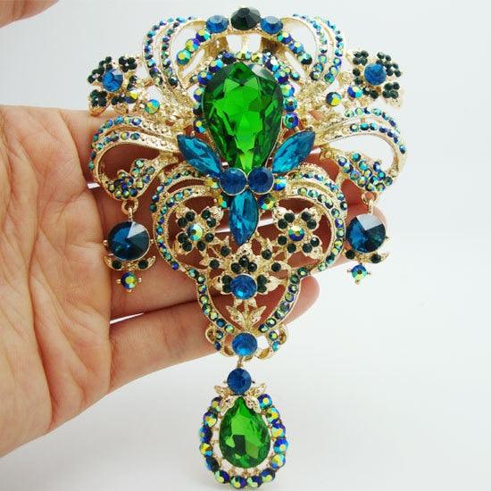 Flower Drop Gold-Tone Brooch Pin Pendant Green Rhinestone Crystal - TeresaCollections