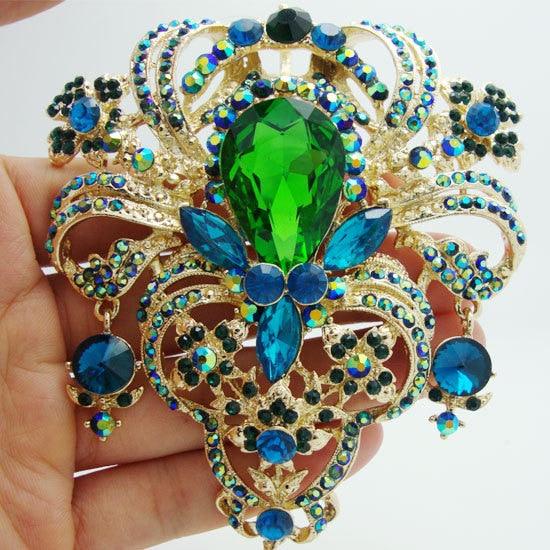 Flower Drop Gold-Tone Brooch Pin Pendant Green Rhinestone Crystal - TeresaCollections