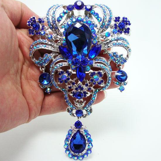 Flower Brooch Pin Pendant Blue Rhinestone Crystal Crown - TeresaCollections