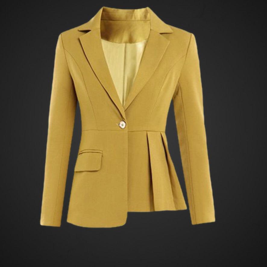 Yellow Open Stitch With Belt  Irregular Jacket + Straight Pants Suit Set - TeresaCollections