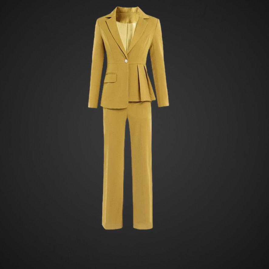 Yellow Open Stitch With Belt  Irregular Jacket + Straight Pants Suit Set - TeresaCollections