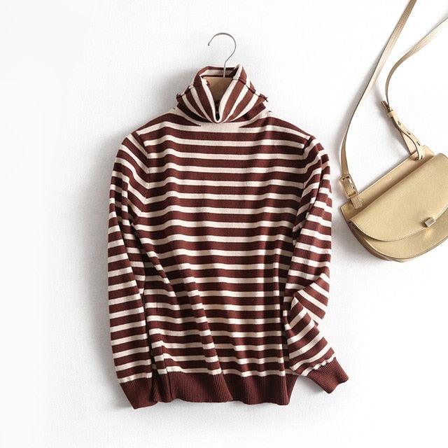 Horizontal Striped Pullovers Sweaters Turtleneck Sweater Tops - TeresaCollections