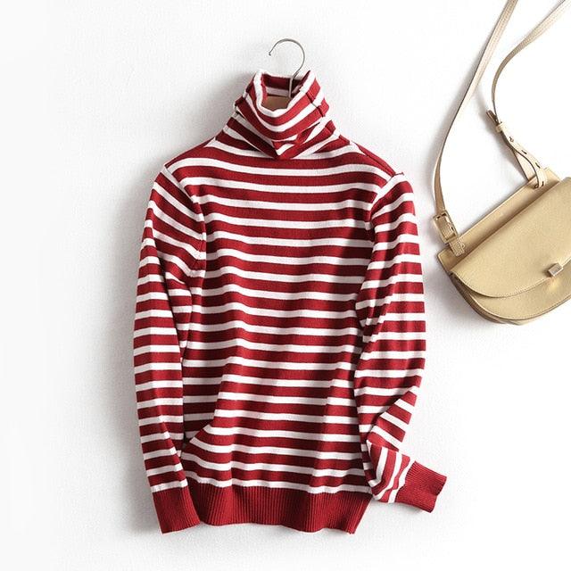 Horizontal Striped Pullovers Sweaters Turtleneck Sweater Tops - TeresaCollections