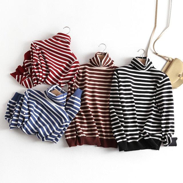 Horizontal Striped Pullovers Sweaters Turtleneck Sweater Tops - TeresaCollections