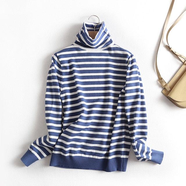 Horizontal Striped Pullovers Sweaters Turtleneck Sweater Tops - TeresaCollections