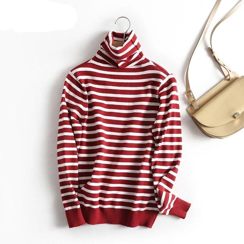 Horizontal Striped Pullovers Sweaters Turtleneck Sweater Tops - TeresaCollections