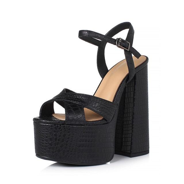 Black genuine leather buckle sexy platform sandals - TeresaCollections