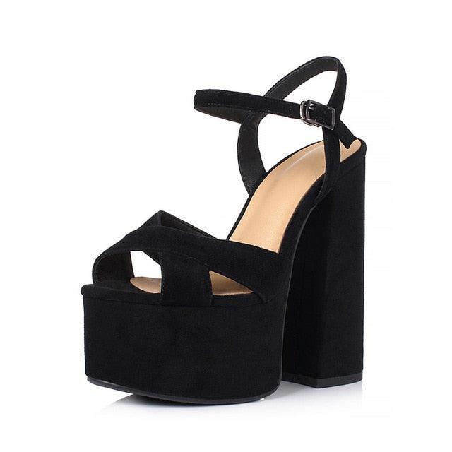 Black genuine leather buckle sexy platform sandals - TeresaCollections