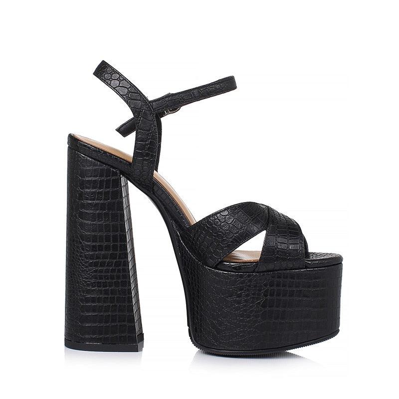 Black genuine leather buckle sexy platform sandals - TeresaCollections