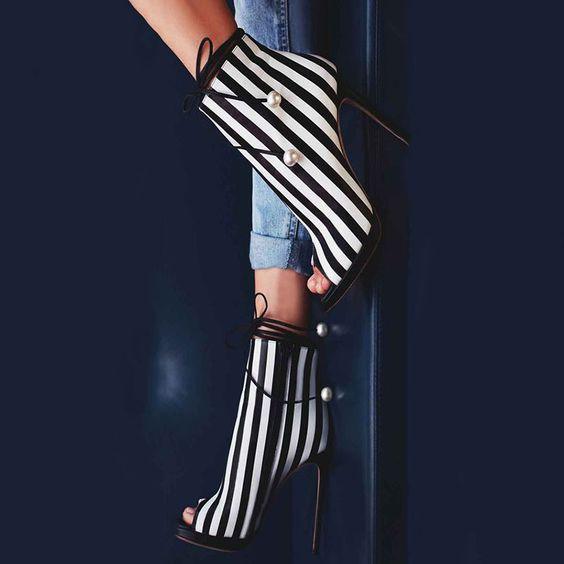 Black and White Mixed Color Strip Stiletto High Heels Peep Toe Ankle Strap Boots - TeresaCollections