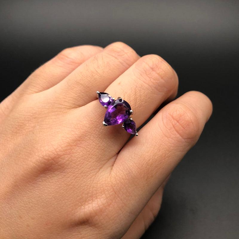 African Amethyst Natural Pear Gemstone Ring - TeresaCollections