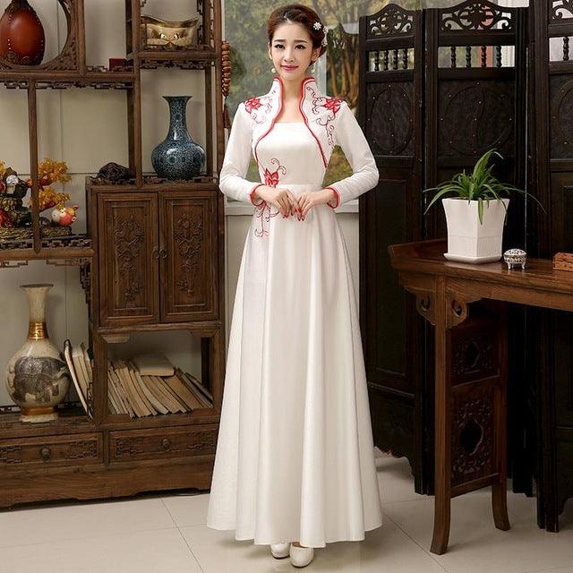 Embroidery Flower Satin Cheongsam Long Sleeve Evening Qipao Dress - TeresaCollections