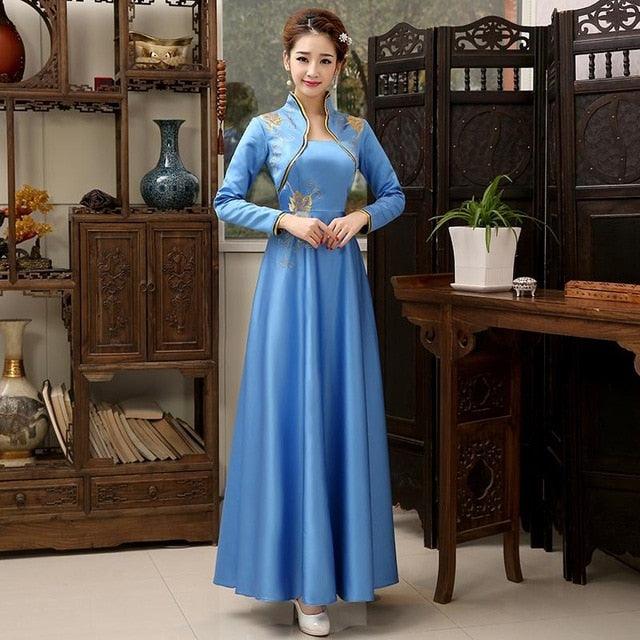 Embroidery Flower Satin Cheongsam Long Sleeve Evening Qipao Dress - TeresaCollections