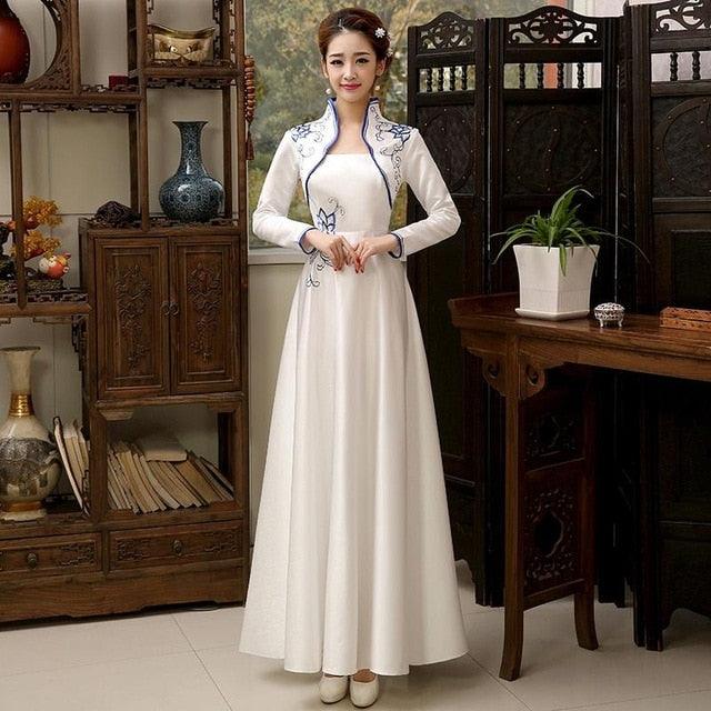 Embroidery Flower Satin Cheongsam Long Sleeve Evening Qipao Dress - TeresaCollections