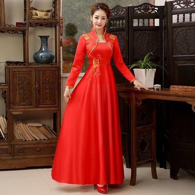 Embroidery Flower Satin Cheongsam Long Sleeve Evening Qipao Dress - TeresaCollections