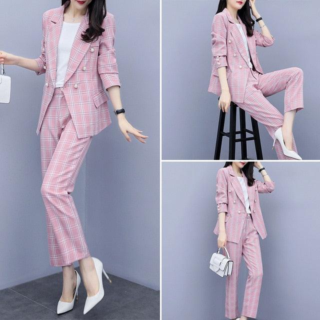 Double-breasted Plaid Two-piece Set Pant Suit - TeresaCollections