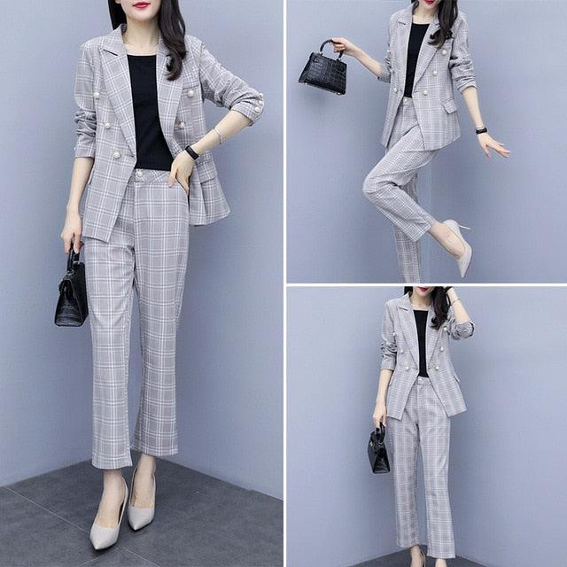 Double-breasted Plaid Two-piece Set Pant Suit - TeresaCollections