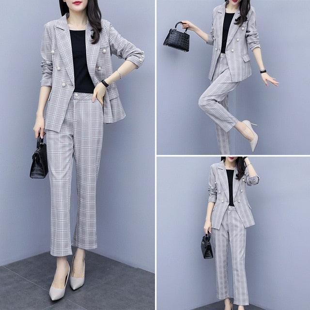 Double-breasted Plaid Two-piece Set Pant Suit - TeresaCollections