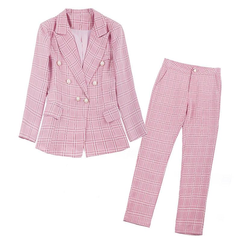 Double-breasted Plaid Two-piece Set Pant Suit - TeresaCollections