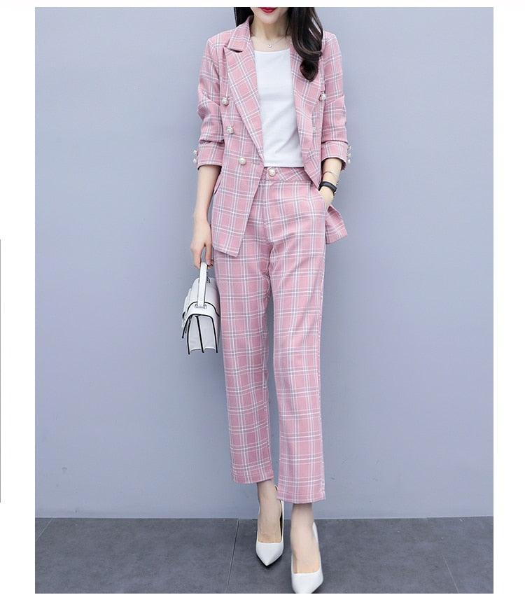 Double-breasted Plaid Two-piece Set Pant Suit - TeresaCollections