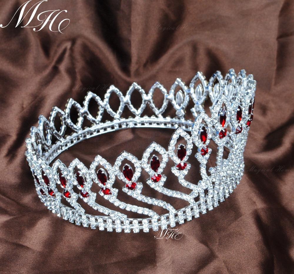 Full Round  Handmade Red Rhinestones Crystal Tiara - TeresaCollections