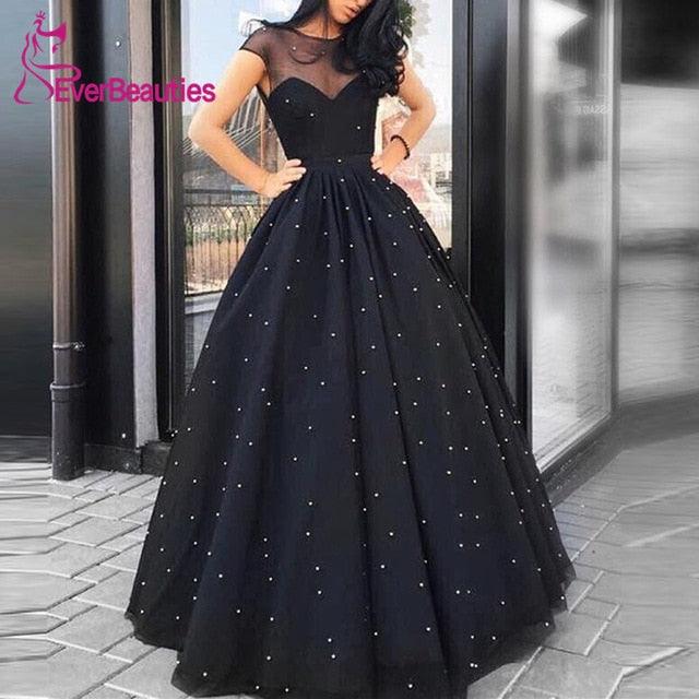 Beaded Black Tulle Long Elegant Formal Dress - TeresaCollections